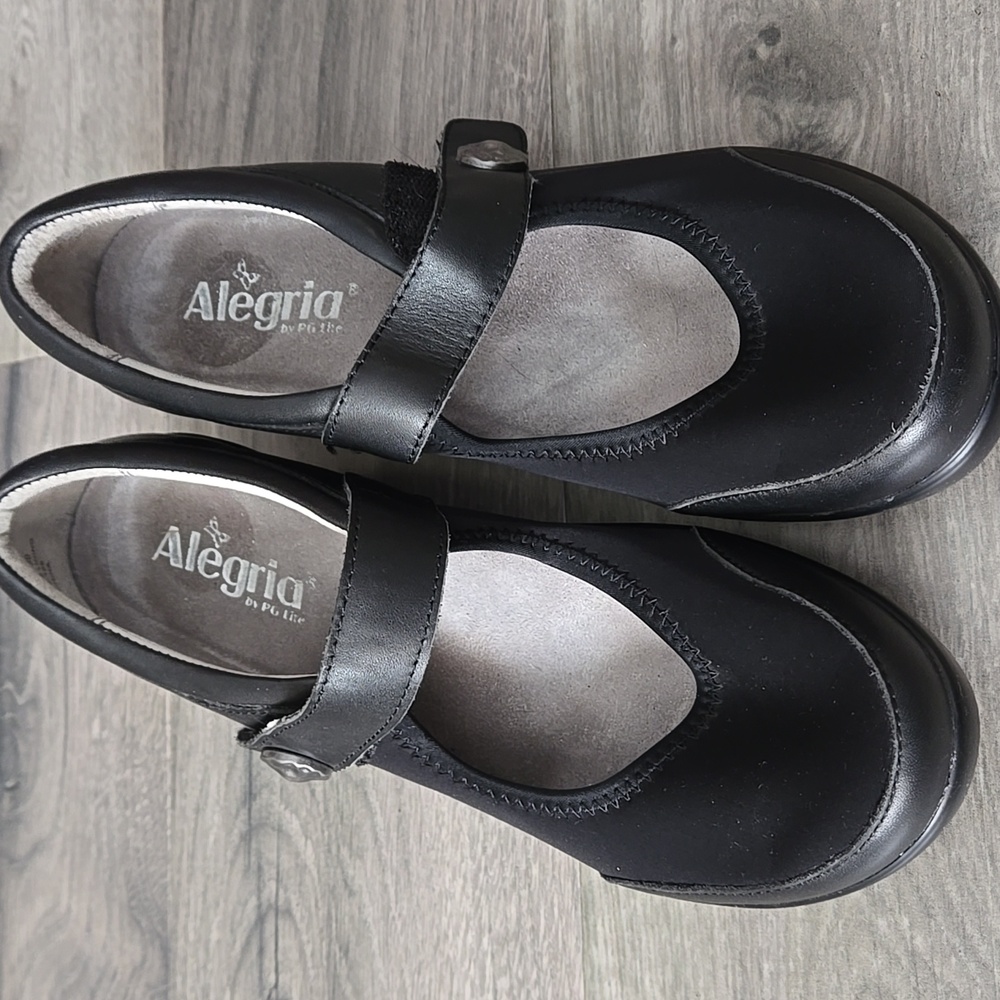 Alegria Black Leather Mary Jane Platform Wedge Comfort Shoes Adjustable Strap - Picture 3 of 12